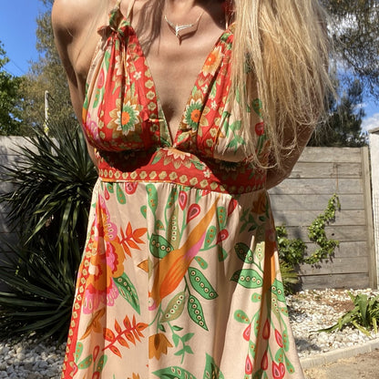 robe longue col v dos nu imprime fleur