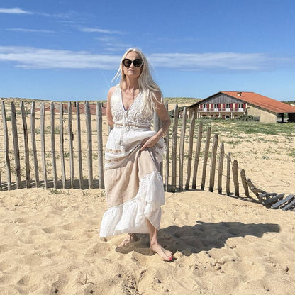 robe longue bohème sans manche en coton et perles