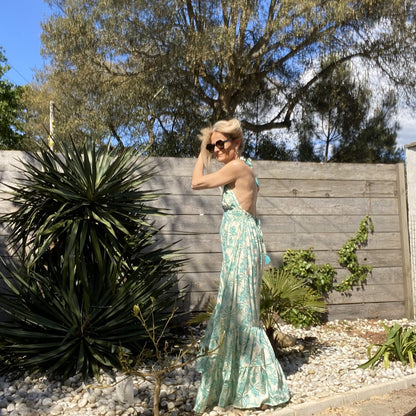 robe longue boheme imprime feuille avec brillant dore