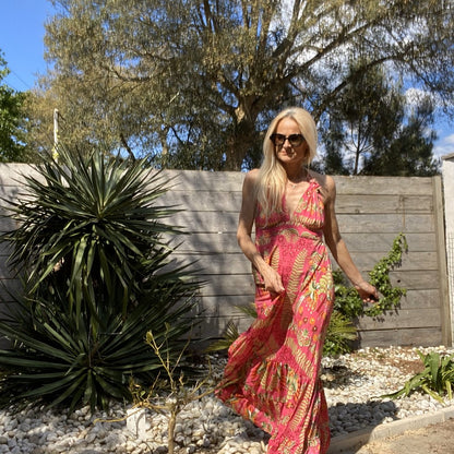 robe longue dos nu Borneo fleur rose doré brillant