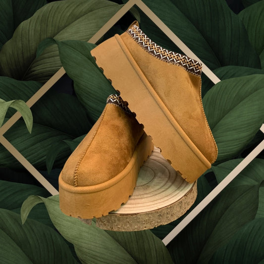 mule sabot en daim synthétique Camel liseré et semelle plateforme