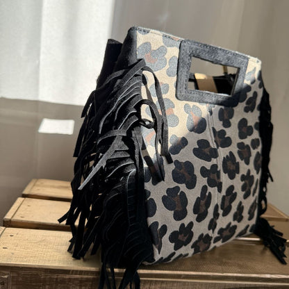 sac bandoulière en cuir à frange léopard noir