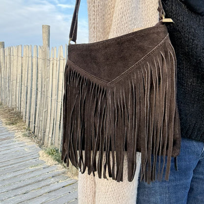 petit sac bandoulière cuir suède et grande frange bohème