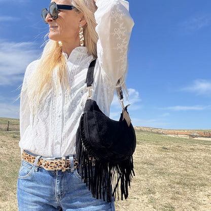 sac bandoulière en cuir et frange noir