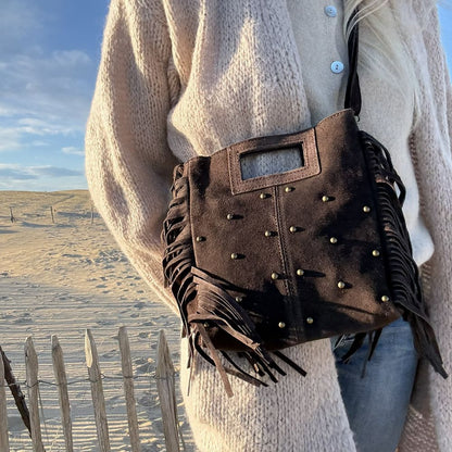 sac bandoulière en cuir suède café clou bronze