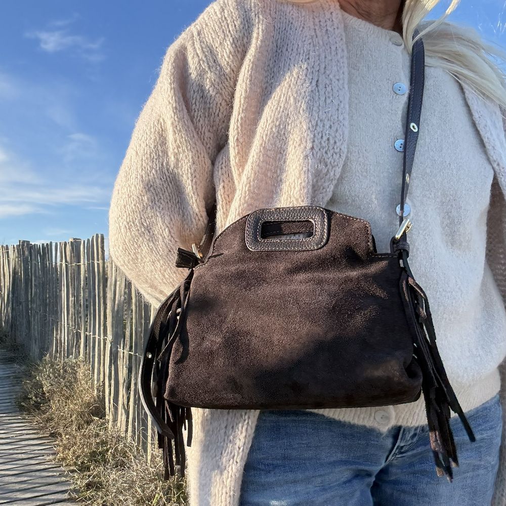 sac bandoulière en cuir café frange