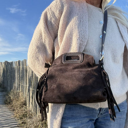 sac bandoulière en cuir café frange
