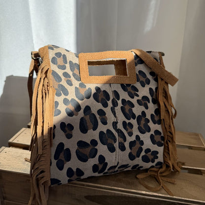 sac bandoulière en cuir à frange léopard camel
