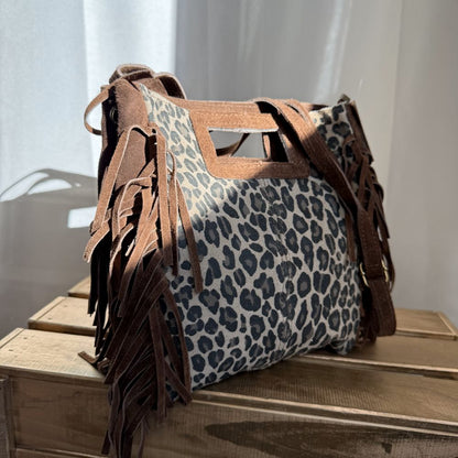 sac bandoulière en cuir à frange léopard
