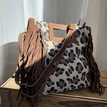 sac bandoulière en cuir à frange bohème léopard marron