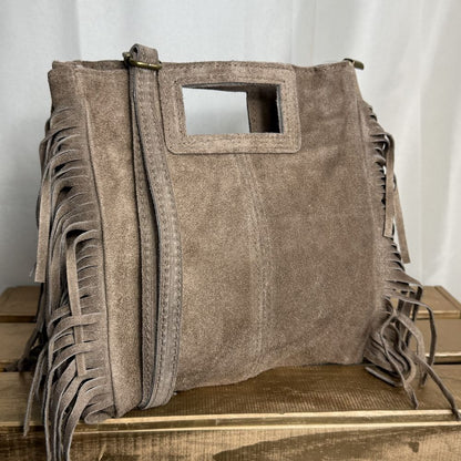 sac bandoulière en cuir beige et franges