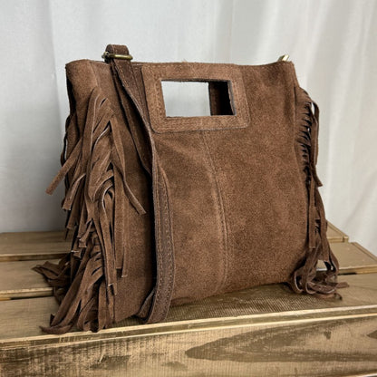 sac bandoulière en cuir taupe et franges
