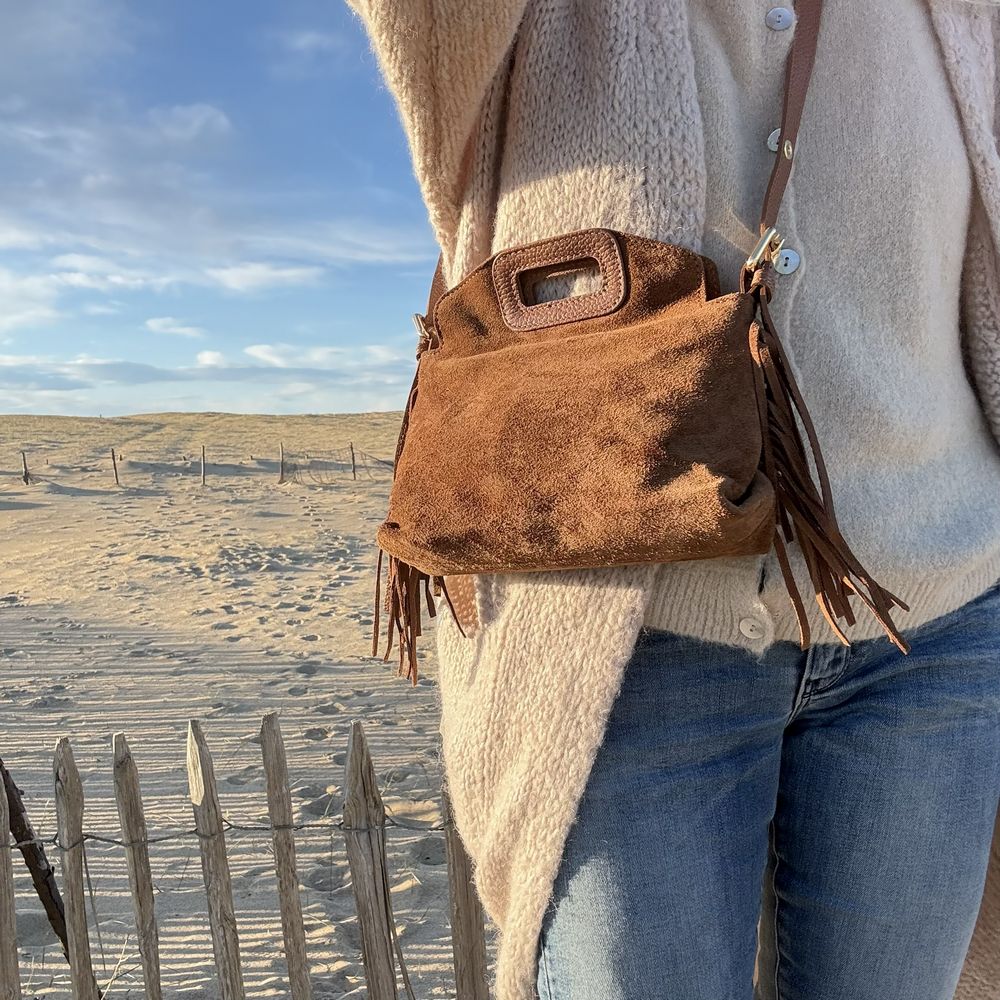 sac bandoulière en cuir camel et frange bohème