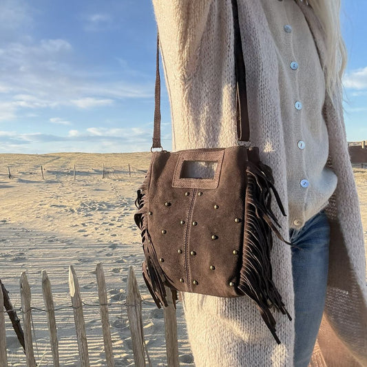 sac bandoulière en cuir suède café clou bronze