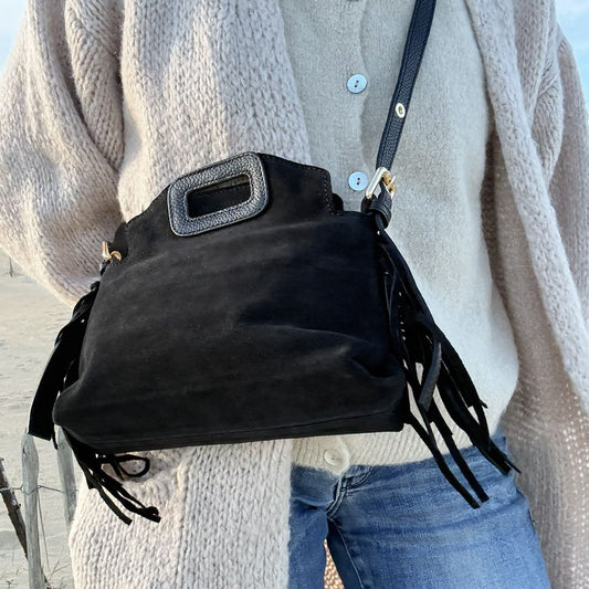 sac bandoulière réglable en cuir et frange noir