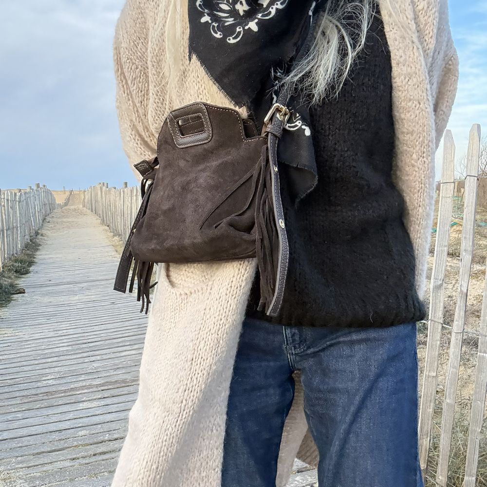 sac bandoulière en cuir suède café frange bohème