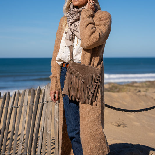 sac bandoulière en cuir suède frange bohème