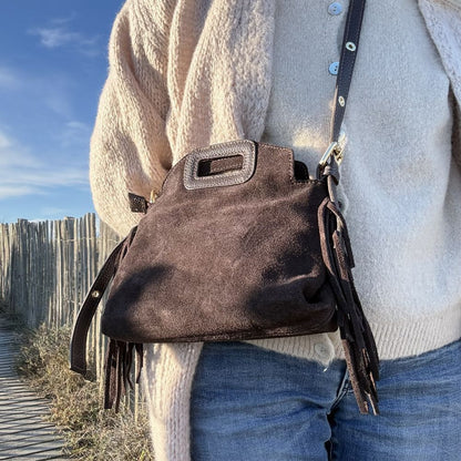sac bandoulière ne cuir café te frange