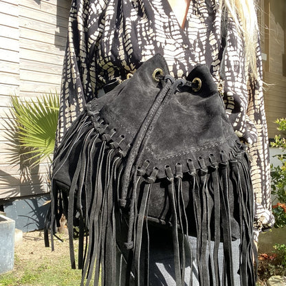 sac bohème a franges en cuir nubuck