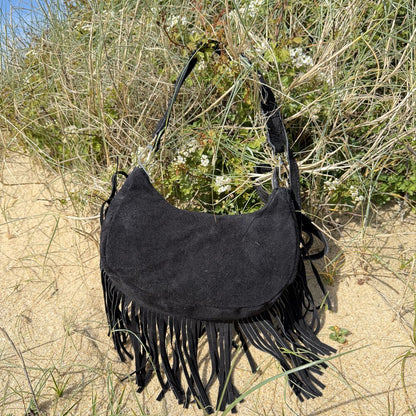 sac bandoulière en cuir noir et frange casual chic