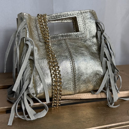 Mini sac bandoulière en chaine avec frange en cuir métallisé Majeline