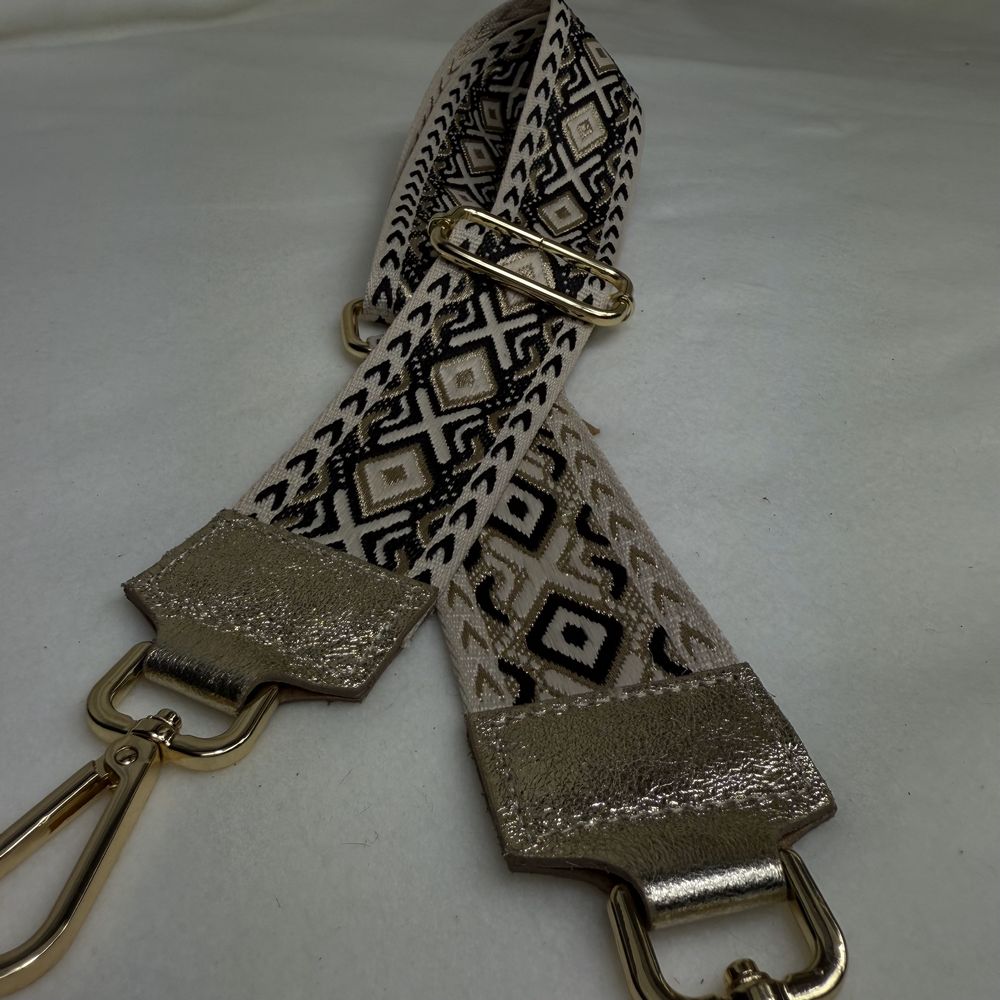 sangle bandoulière de sac beige doré et noir brillant cuir doré