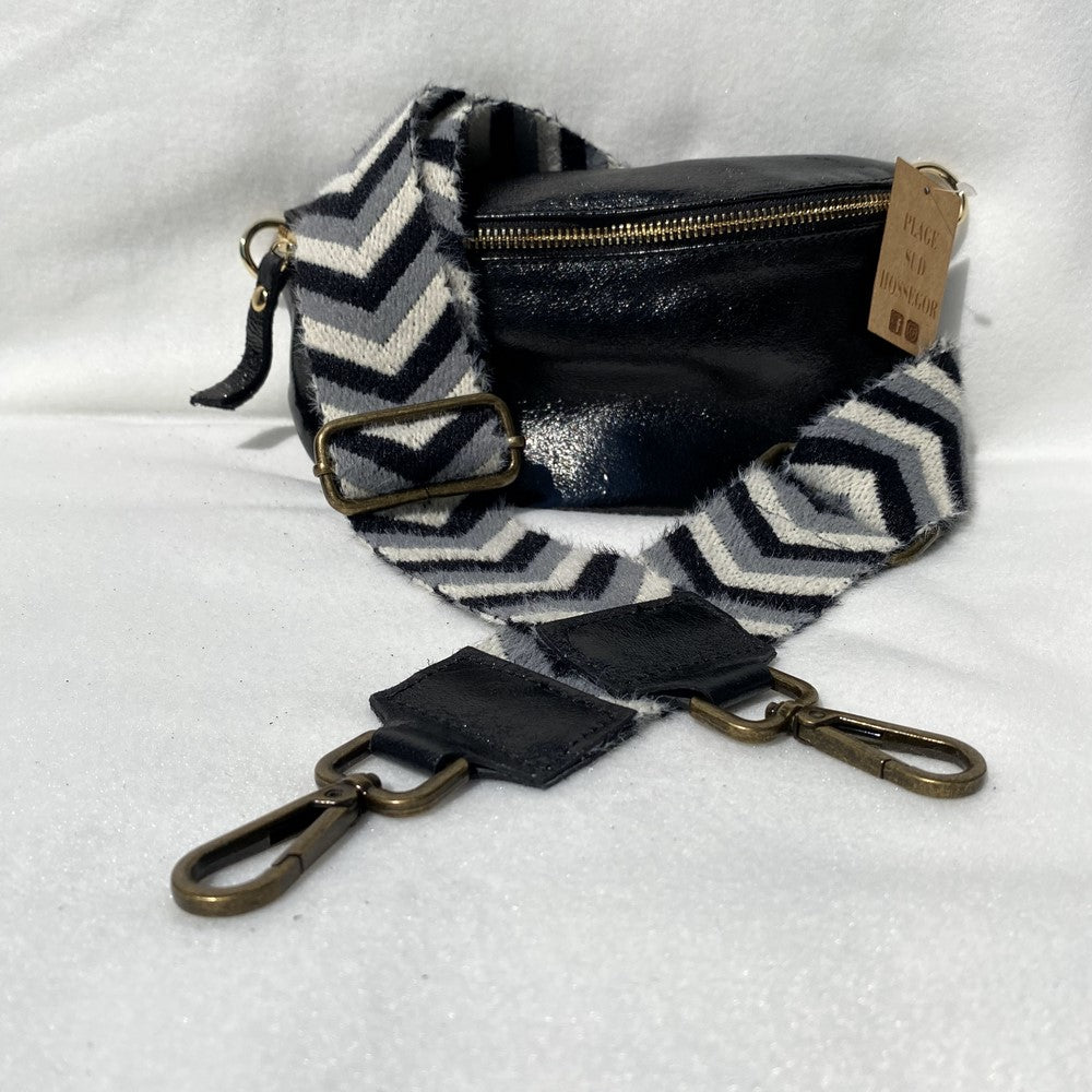 sangle bandoulière de sac chevron noir et gris cuir noir