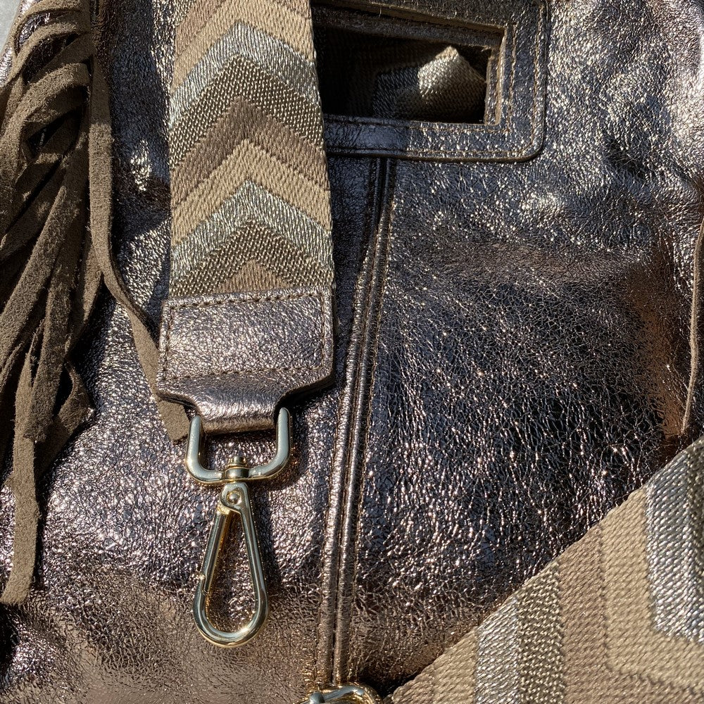 sangle bandoulière de sac chevron beige et doré cuir bronze
