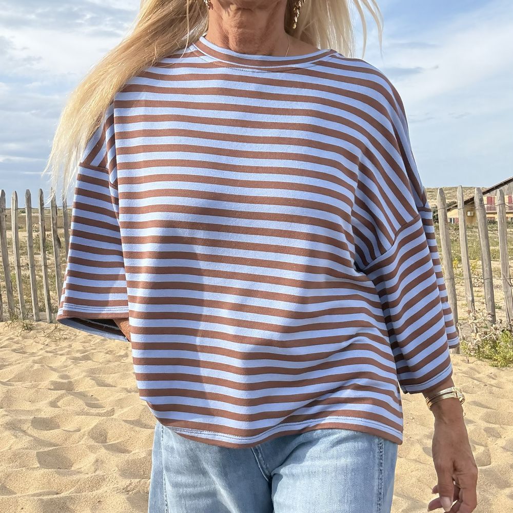 Sweat marinière rayures bleu et choco