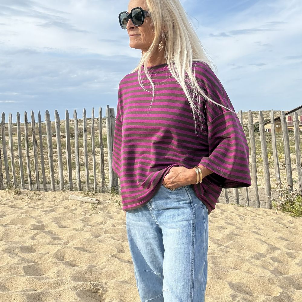 Sweat marinière rayures violet et brun