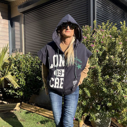 sweat sans manche a capuche bleu