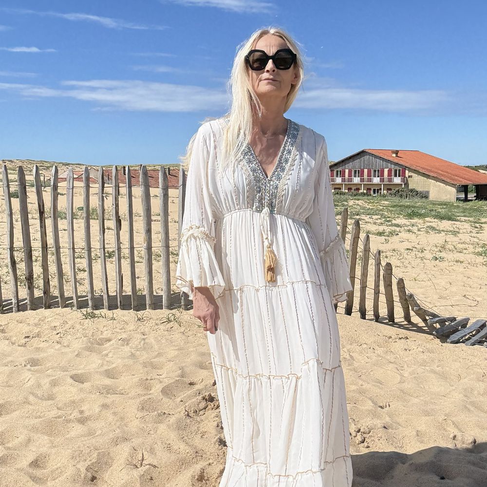 robe longue boheme en coton blanc et perle
