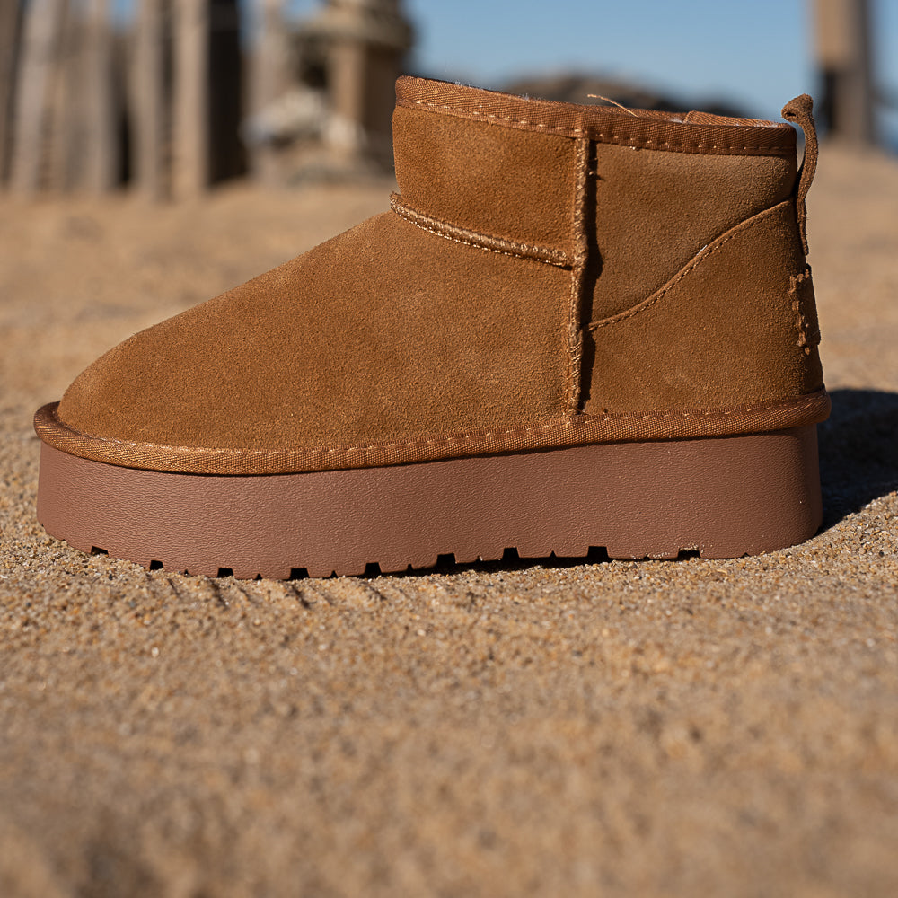 bottine en cuir camel fourrée plateforme