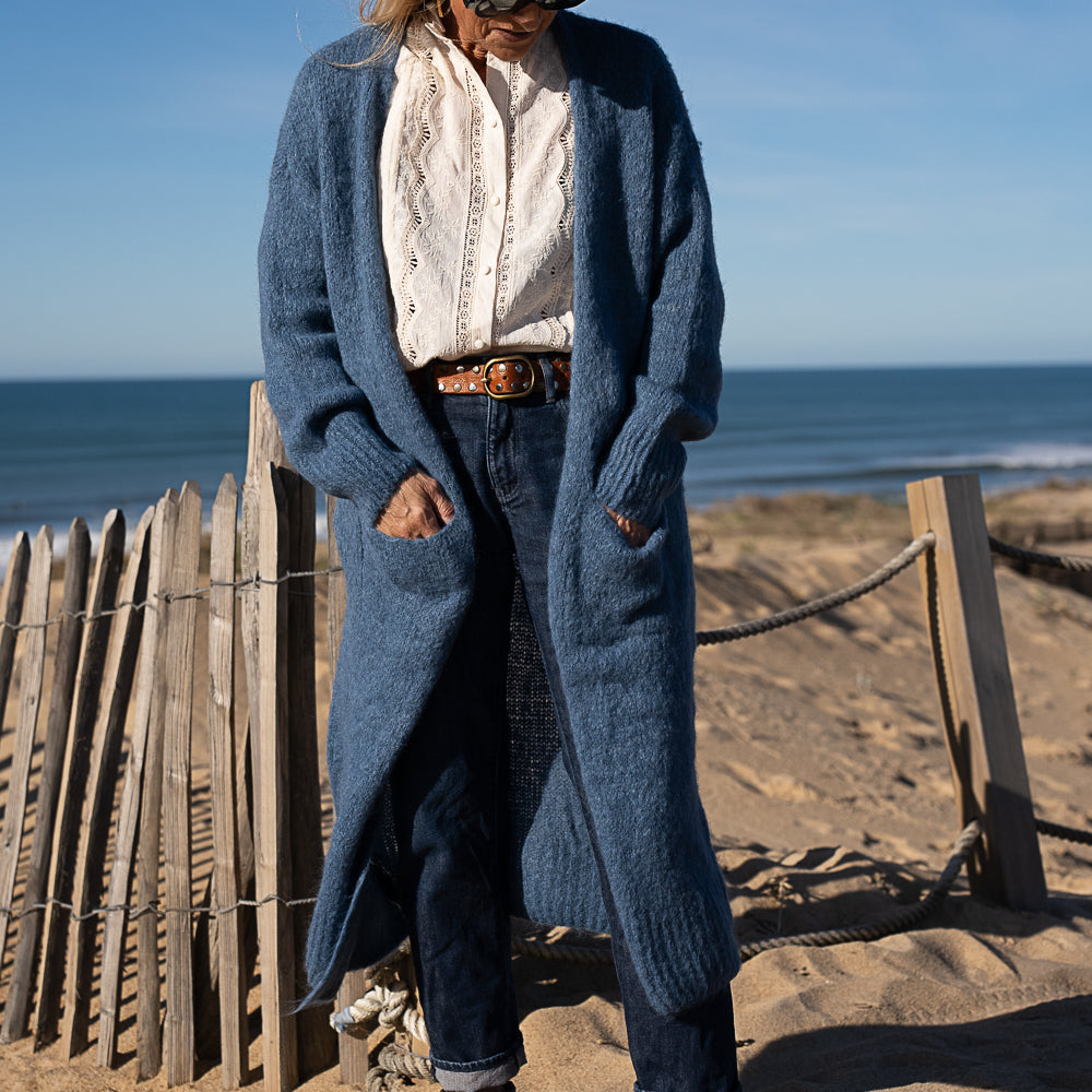 gilet long en baby alpaga bleu jean poche plaquée