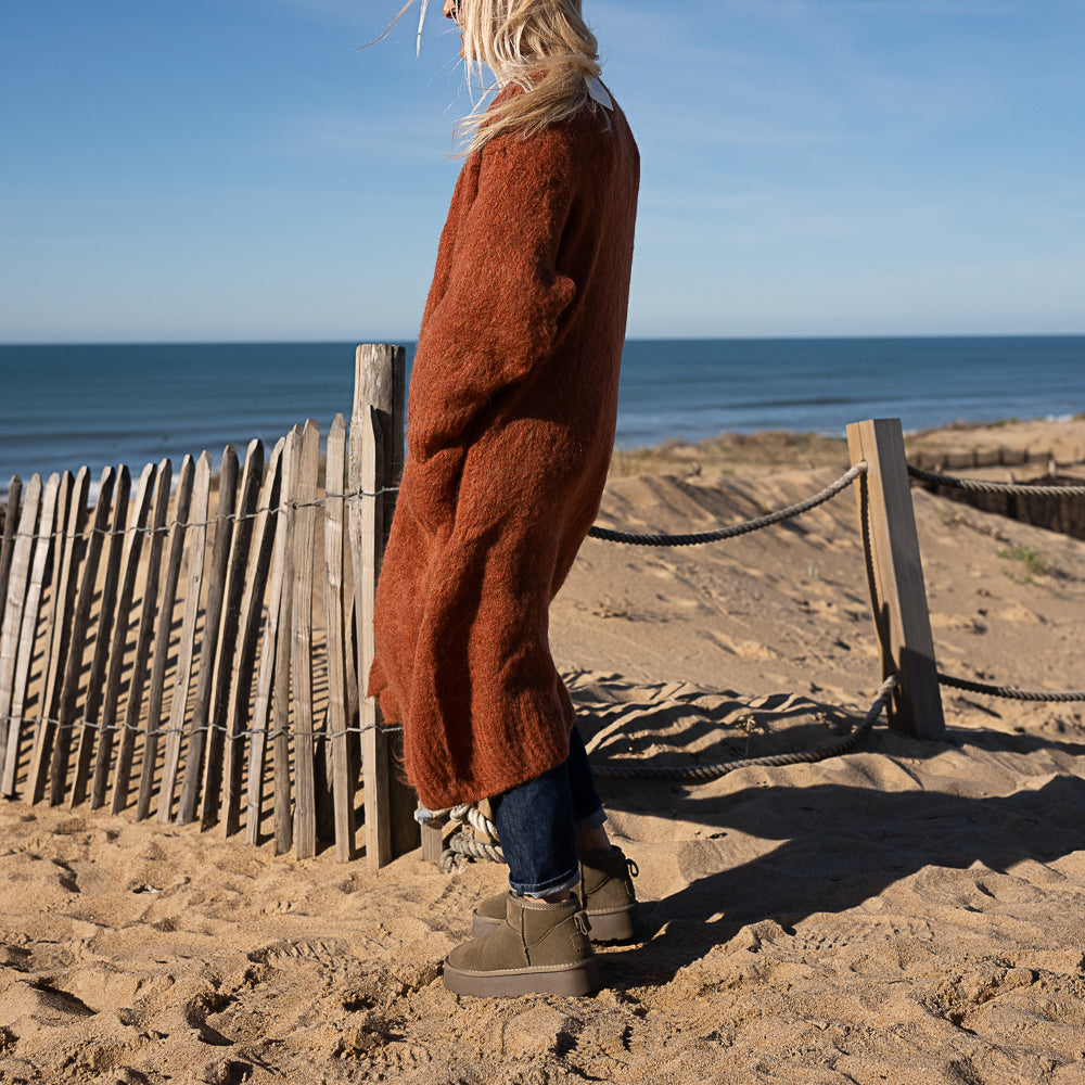 gilet long ouvert en baby alpaga rouille