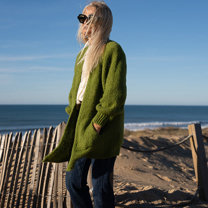 gilet grosse maille ouvert en laine et mohair poche plaquée vert olive