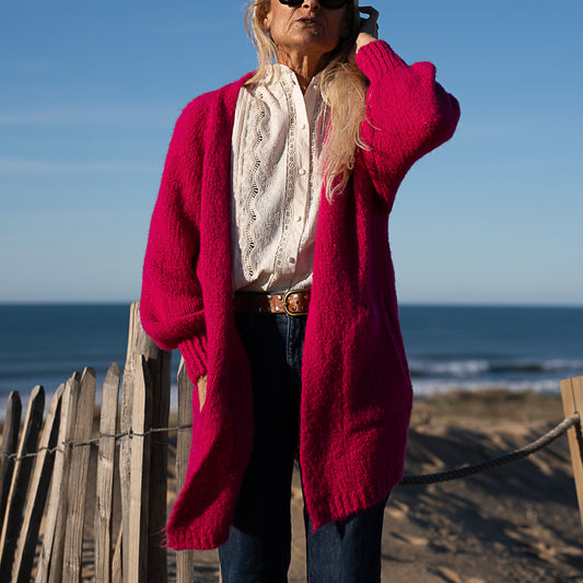 gilet ouvert grosse maille en laine et mohair poche plaquée fuchsia