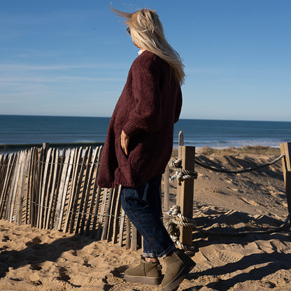 gilet grosse maille ne laine te mohair poche plaquée aubergine