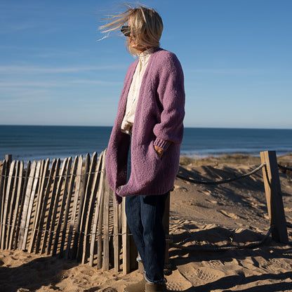 gilet grosse maille en laine et mohair poche plaquée lila