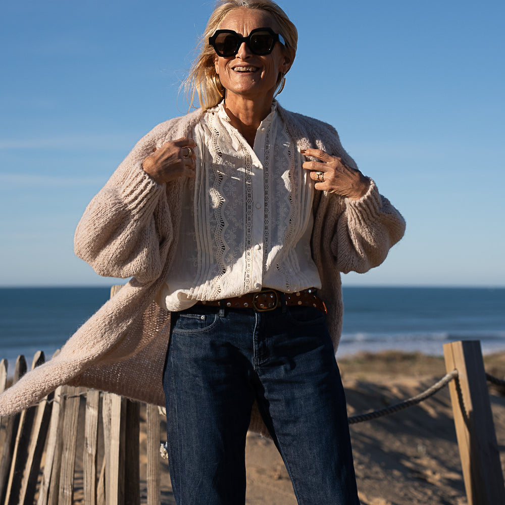 gilet grosse maille en laine et mohair beige 