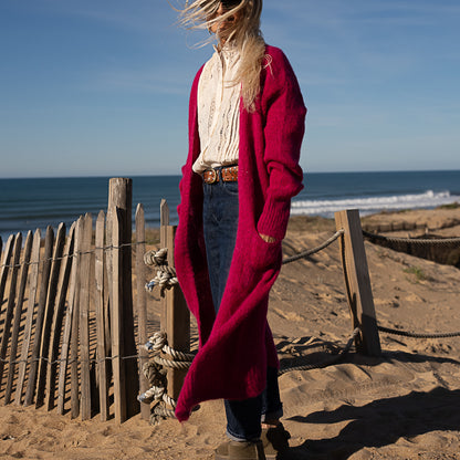 gilet long ouvert en baby alpaga rose poche plaquée