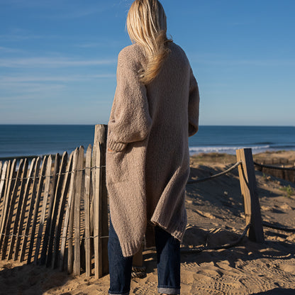 gilet long grosse maille en laine et mohair beige poche plaquée