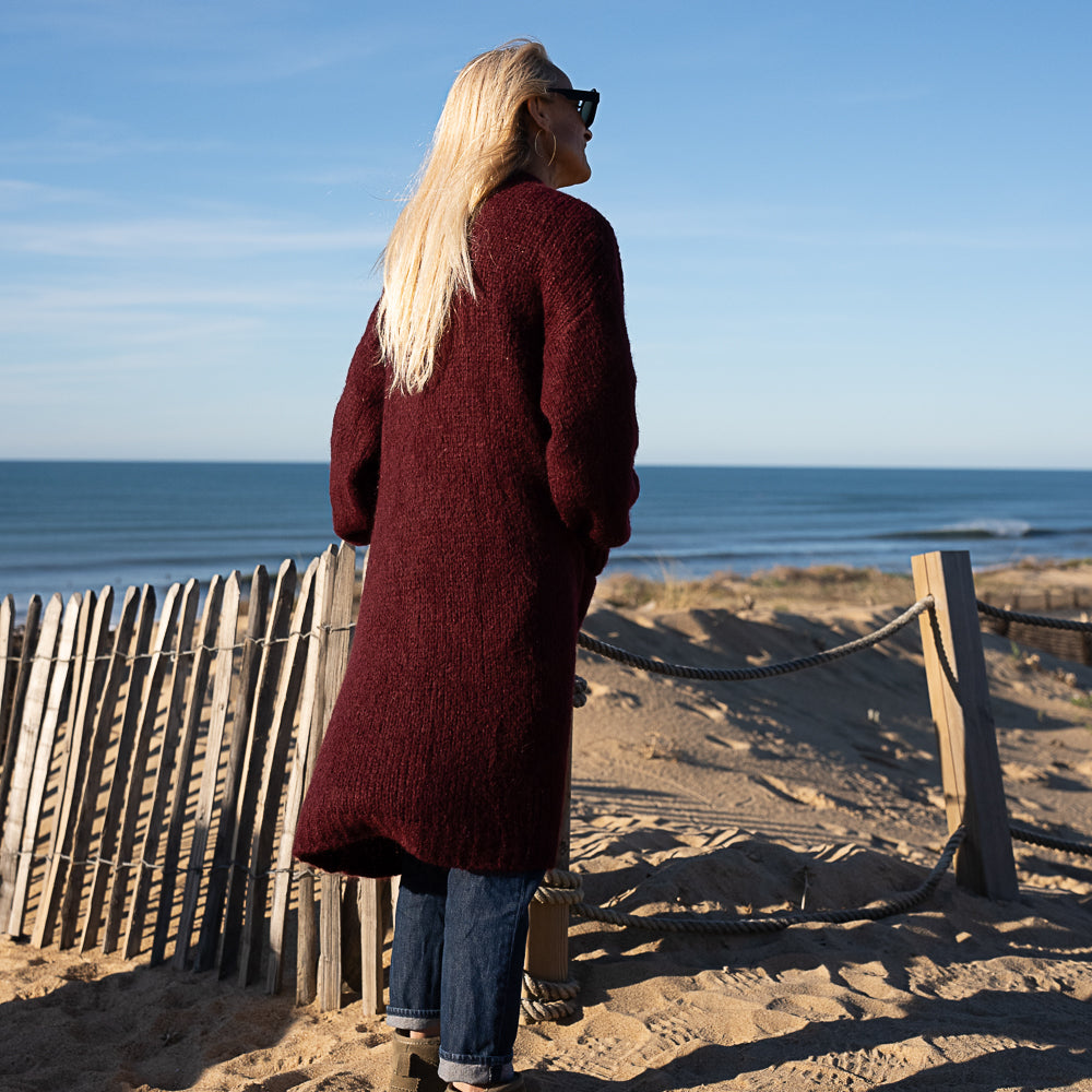 gilet long grosse maille en laine et mohair bordeaux
