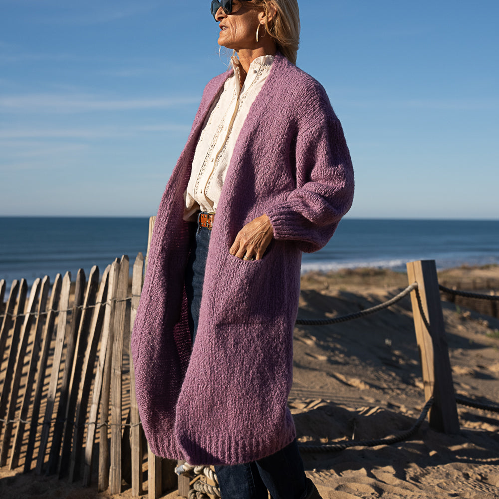 gilet long grosse maille en laine et mohair lila poche plaquée