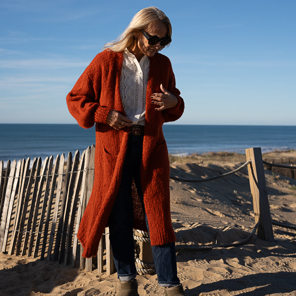 gilet grosse maille en laine et mohair  rouille 