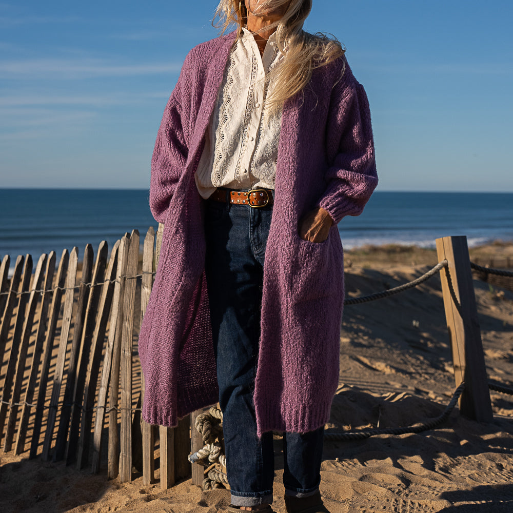 gilet long grosse maille en laine et mohair lila poche plaquée