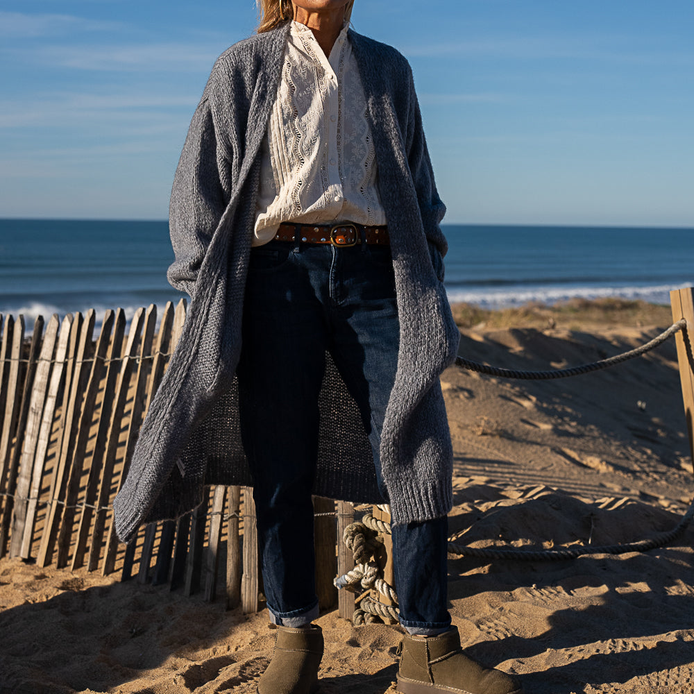 gilet long grosse maille en laine et mohair gris