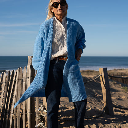 gilet long grosse maille en laine et mohair poche plaquée bleu