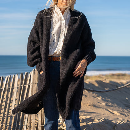 gilet long grosse maille ouvert en laine et mohair noir poche plaquée