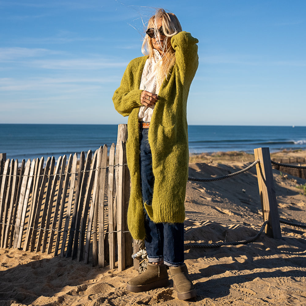 gilet long en baby alpaga vert amande 